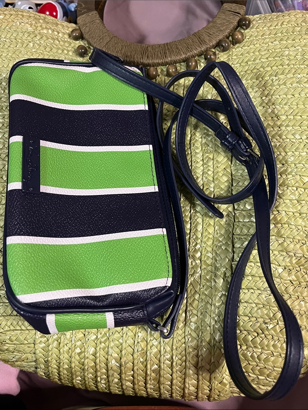 Vera Bradley Green, Black & White Striped Crossbody Wristlet